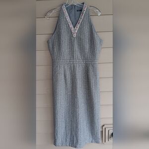 MOTF Gray Wool Blend Beaded Jeweled V Neck Dress.  Size Large